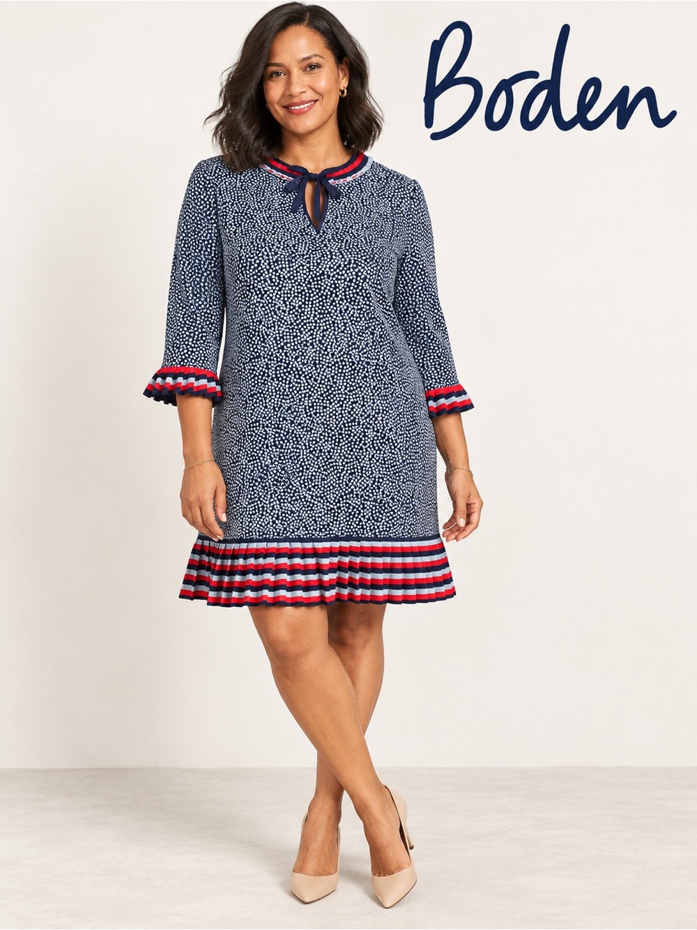 Boden Lara Pleat Detail Shift Dress Navy Polka Dot Stripe Trim Size US 12R UK 16